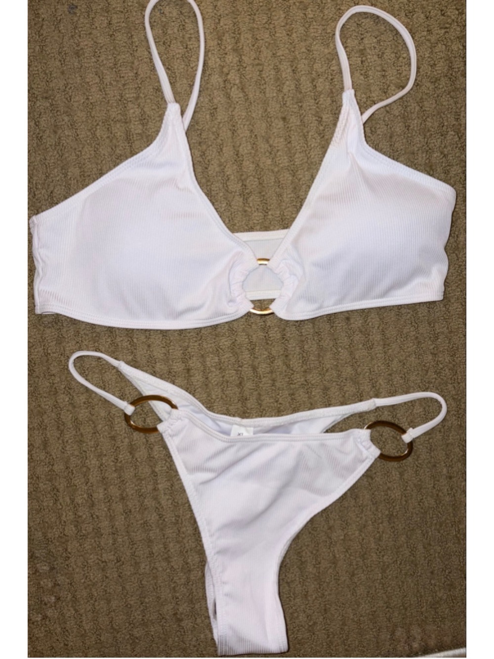 Women's Unbranded Ribbed Bikini Set with Gold Rings, White, Size XL